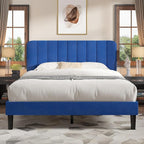 VECELO Queen Size Bed Frame with Upholstered Headboard, Velvet Platform Bedframe Mattress Foundation, Strong Wood Slat Support, No Box Spring Needed,Blue