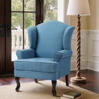 Pia Ricco Set of 2 High Back Accent Chairs: Upholstered Fabric Armchairs with Solid Wood Legs - Retro Living Room Pair, Comfy Reading Sofa Seats-Ocean Blue
