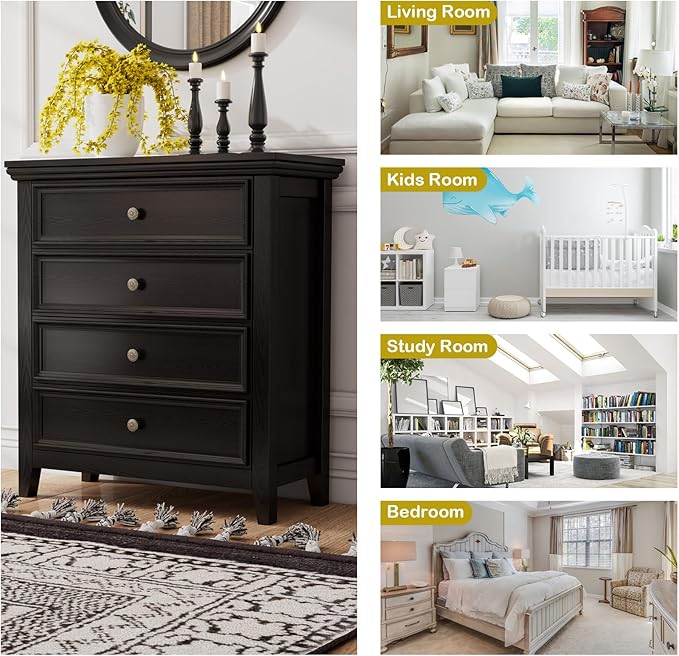 BLANKSPACE Black Dresser for Bedroom, 4 Chest of Drawer Modern Wood Nightstand, Wooden Clothes Organizer Cabinet Dressers for Living Room, Closets, Hallway