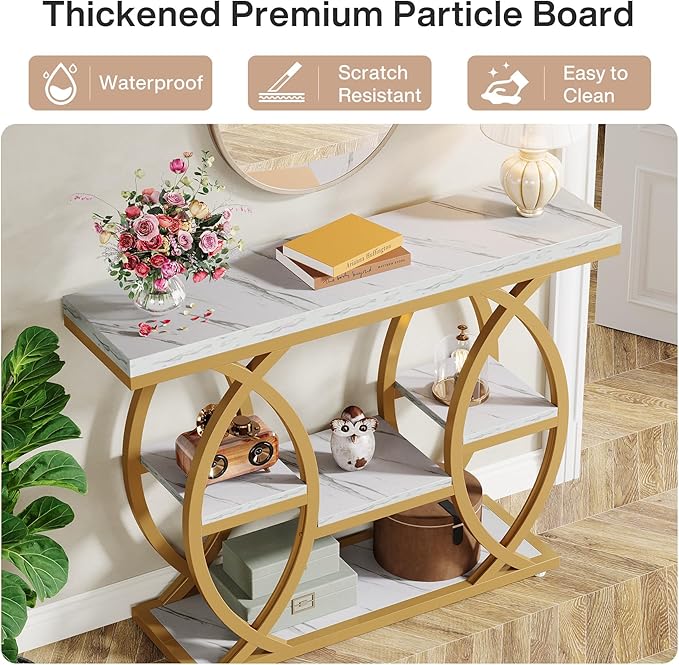 Tribesigns 39.4" Console Table, Industrial 4-Tier Sofa Table Entryway Table with Storage Shelves, Narrow Wood Accent Tables with Metal Frame for Small Spaces, Hallway, Foyer, White Gold