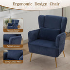 Corduroy Accent Living Room Arm Chair with Pillow & Golden Legs, 8.5" Thick Cushion, Mid Century Modern Wingback Chairs Upholstered Comfy Sofa Armchair for Reading Room/Bedroom, Blue