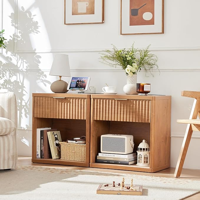 LEYAOYAO Fluted Nightstand with Charging Station, 23" Wide 1 Drawers Night Stand,Brown End Table with Open Storage,Farmhouse Bed Side Tables, Wood Dresser for Bedroom, Living Room, Closet