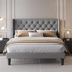 SHA CERLIN Queen Size Upholstered Platform Bed Frame with Wingback Headboard, Tufted Linen Fabric, Wooden Slats Support, Easy Assembly, No Box Spring Needed, Light Grey
