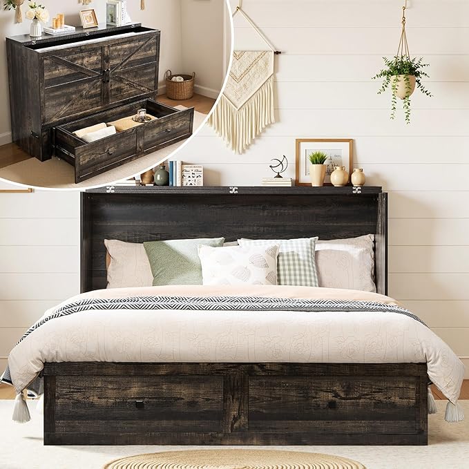 Full Murphy Bed with Storage and Charging Station, Farmhouse Cabinet Bed, Noise-Free, for Guest Room, Apartment, or Office, Black Oak