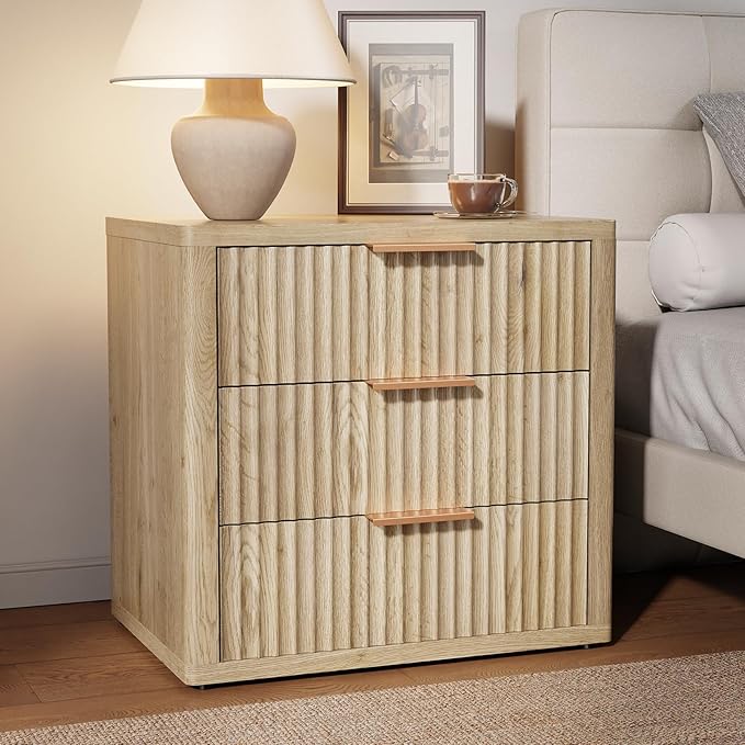 Night Stand with 3 Drawers, 23" Wide Modern Nightstand with Large Storage, Fluted Bed Side Table with Metal Handle, End Table Tall Nightstand for Bedroom, Living Room, Office, Nature