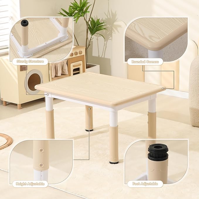 Kids Table & Chairs Set, Height Adjustable Toddler Study Table with Anti-Slip Foot Covers, Ages 2-10