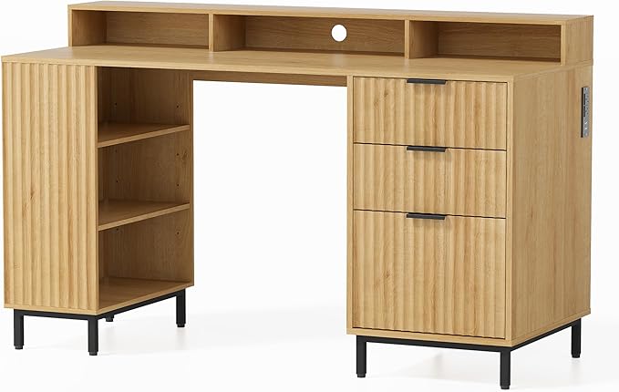Fluted Executive Desk with Storage Shelf & File Drawer, 55" Modern Wood Office Desk with Monitor Stand & Charging Station, Home Writing Study Computer Table for Work Study, Natural Oak