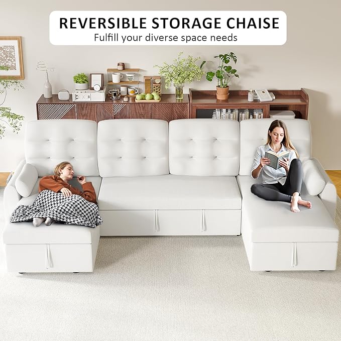 Ucloveria Sleeper Sofa Bed, 112" U Shaped Sectional Sofa Couches for Living Room, Pull Out Couch Bed with Dual Reversible Storage Chaise | Charging Station | Side Pockets | Removable Backrest