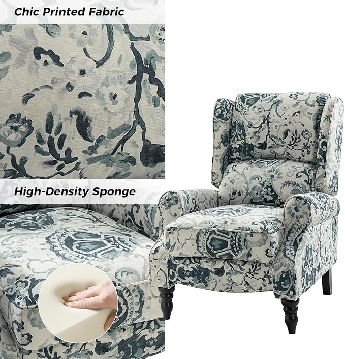 HULALA HOME Upholstered Wingback Recliner Chair Set of 2, Small Adjustable Footrest Push Back Single Reclining Sofa, Mid Century Modern Lounge Armchair for Living Room, Bedroom, Reading/Floral