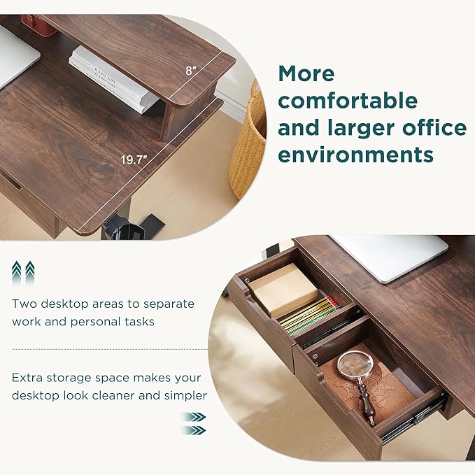 RedLemon 60 Inches L Shaped Electric Standing Desk, Height Adjustable Corner Gaming Desk with Drawers, Keyboard Tray, Power Outlets & LED Lights, Computer Desk with Monitor Shelf, Dark Walnut