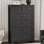 Dresser for Bedroom with 6 Drawers, 49" Tall Wood Chest of Drawers with Deep Drawers & Mental Handle, Modern Dresser TV Stand, Wooden Closet Storage Organizer for Living Room, Hallway, Entryway, Black