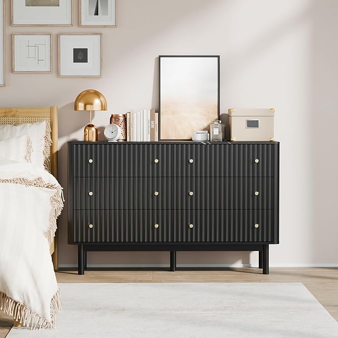 RECCI Fluted 6 Drawers Dresser for Bedroom, 54" Wide Chest of Drawers with 3D Fluted Panel, Faux Marble Top, Solid Wood Legs, Storage Drawers, TV Stand, Closet Chests for Bedroom, Black