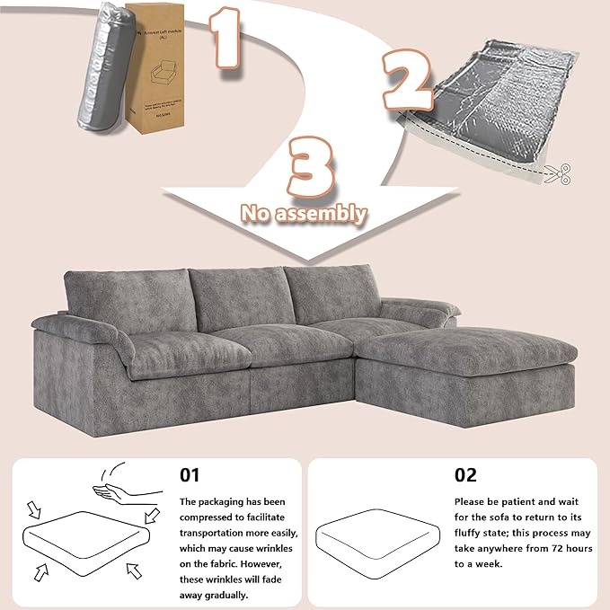 EASE MOOSE Oversized Cloud Couch Sectional Sofa, L-Shaped Large Modular Couch for Living Room, Minimalist Boneless Convertible Couches with Ottoman, 5-Seat Deep Sofas for Bedroom, Chenille (Grey)