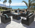 NICESOUL 9 Piece Extra Large Outdoor Patio Furniture Conversation Set with Fire Pit Natural Gas/Propane, 29.3'' High Back Modular Deep Seat Sectional Sofa Set for Outside, 2 Color Cushion Black&Gray