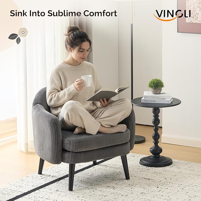 VINGLI 30.3" Wide Modern Barrel Accent Armchairs Set of 2 with Track Armrest, Solid Wooden Legs, Comfy Upholstered Club Chairs, Single Home Sofa for Living Room, Bedroom, Reading Room, Corduroy Grey