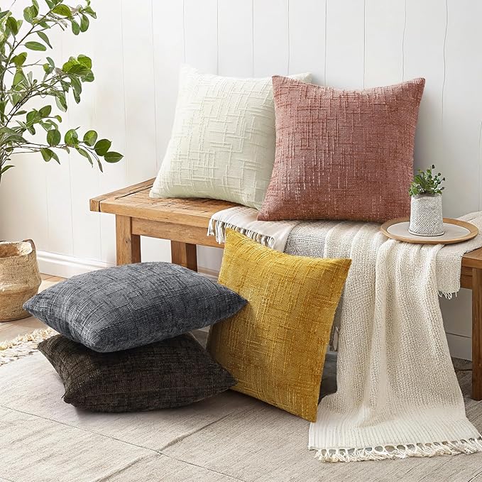 decorUhome Pink Chenille Throw Pillow Covers 20x20 Set of 2 Thick Textured Slubby Couch Pillow Covers Farmhouse Accent Modern Neutral Decorative Pillow Cases for Bed Sofa Living Room