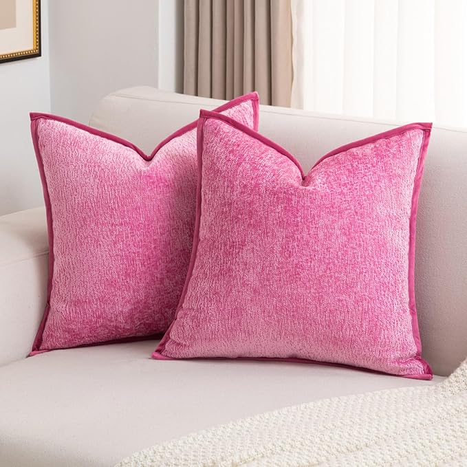 FUTEI Hot Pink Chenille Throw Pillow Covers 16x16 Inch Set of 2,Soft Cozy Bound Edge Design Cushion Case,Home Decor for Couch Bed Living Room