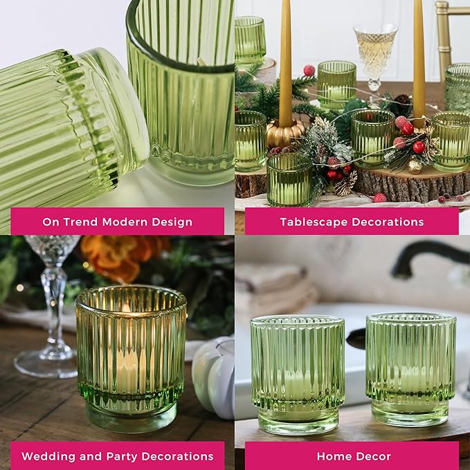 Kate Aspen Vintage Ribbed Glass Candle Holder Decor, Green Votive Candle Holders for Holiday Table Decor, Tealight Candles Holder Glass (Set of 6), Dinning & Christmas Table Decoration (Pack of 6)