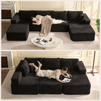 138" Boneless Couch with Deep Seat, Modular Sectional Sofa, Cloud Sectional Couch for Living Room, No Assembly Required, Corduroy, U-Shape 4 Seater Right, Black