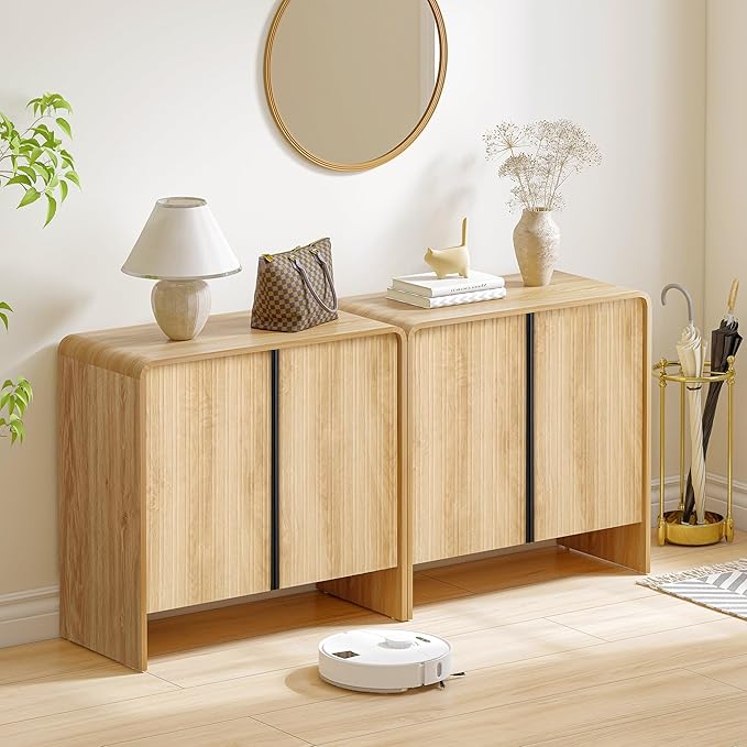 BERRYMERRY 2 Door Fluted Sideboard Buffet Cabinet with Storage, Modern Wood Cabinet with Adjustable Shelves for Living Room, Dining Room (Light Wood 2 Doors)