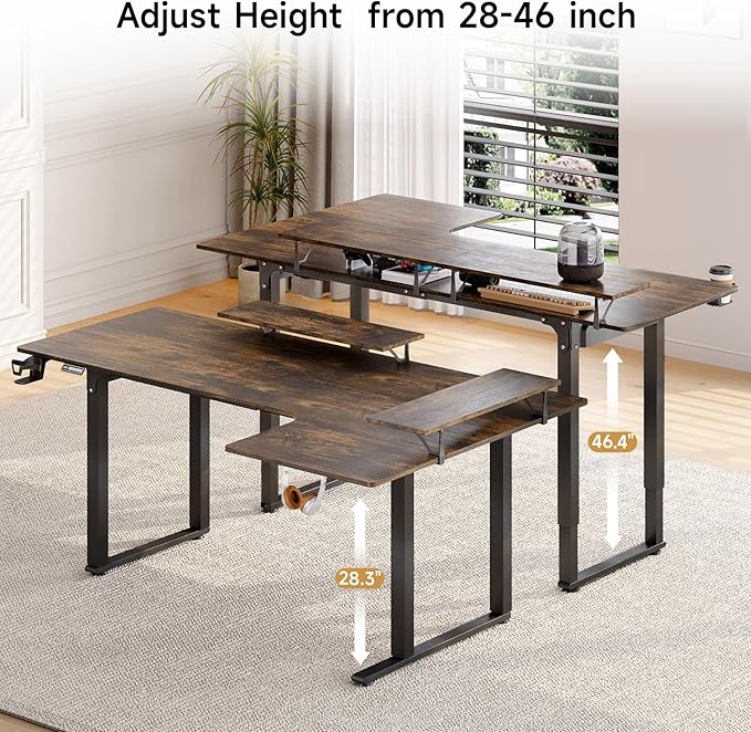 ONBRILL L Shaped Standing Desk, 71x43 Inch Electric L Stand Up Desk with 2 Adjustable Monitor Shelves and Dual Motor, Adjustable Height from 28-46'' for Home and Office, Rustic Brown