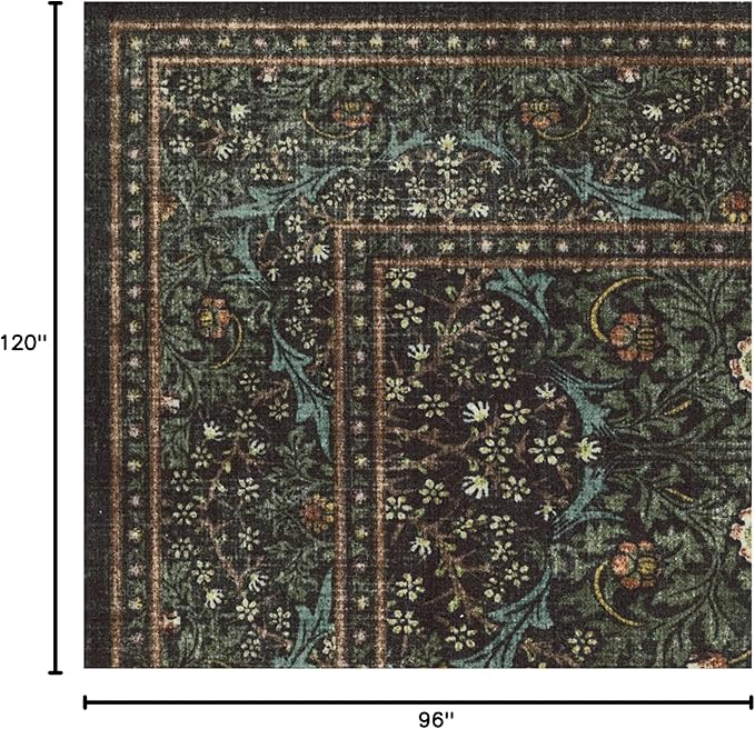 RUGGABLE x Morris & Co Washable Area Rug– Blackthorn Forest Green 8x10, Stain-Resistant, Non-Slip – Large Machine Washable Rugs for Living Room, Bedroom, Hallway, Entryway & Office–with Cushioned Pad