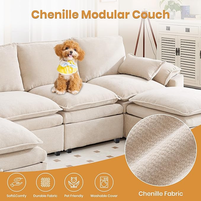 100" L Shaped Modular Sectional Sofa, Couch with Ottoman Storage, Chenille Cloud Couch with Plush Deep Seating for Living Room, Bedroom (Beige, 4 Seat)