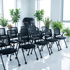 10 Pack Foldable Office Chairs with Wheels, Mesh Back, Arms and Portable - Folding Office Chairs Stackable for Conference Room Chair, Office Guest & Reception & Meeting Chair - (Black) 300 lbs.