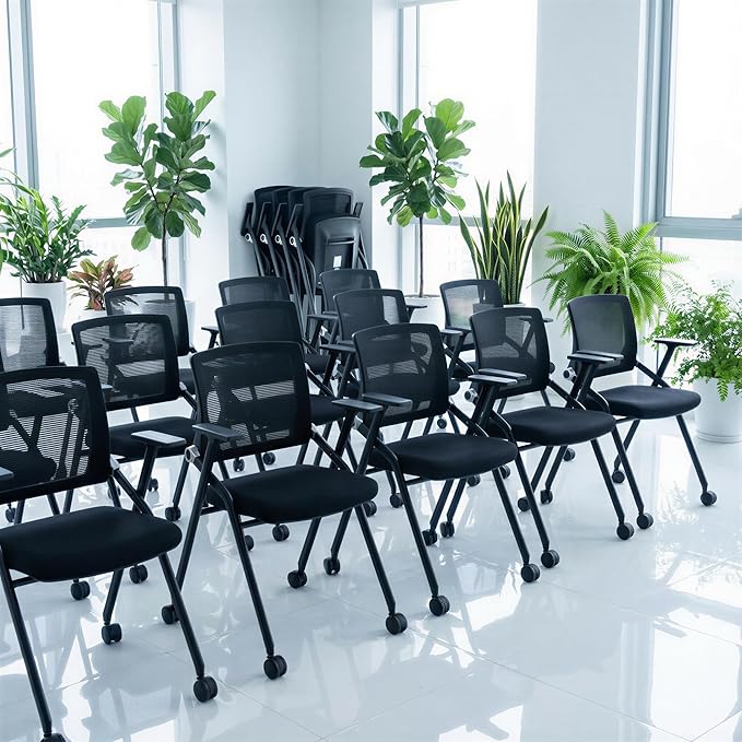 10 Pack Foldable Office Chairs with Wheels, Mesh Back, Arms and Portable - Folding Office Chairs Stackable for Conference Room Chair, Office Guest & Reception & Meeting Chair - (Black) 300 lbs.