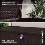 Suncast 134-Gal. Waterproof Resin Extra-Large Outdoor Patio Deck Box with Pad-Lockable Lid, Modern Outdoor Patio Bench/Storage Box for Cushions, Garden Tools, and More, Java