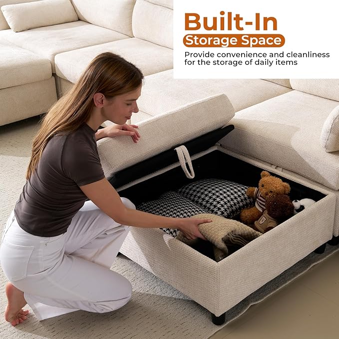 103'' L Shaped Couch, Cloud Modular Sectional Sofa with Storage, Extra Deep Seat, Modern Chenille Sofa with Chaise, Throw Pillows, 4 Seat Convertible Sectional Couches for Living Room, Beige