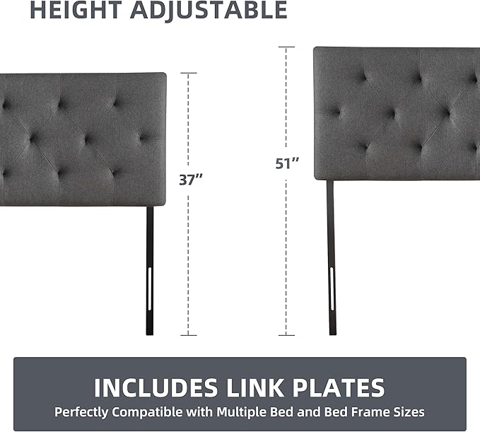 Linen Fabric Upholstered Headboard Queen Size, Modern Diamond Tufting Solid Wood Queen Headboard Only,Adjustable Height from 37” to 51” Head Board, Bed Frame or Wall Mount Headboards, Dark Grey
