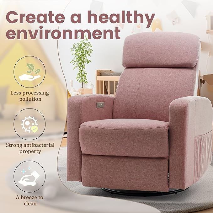 Power Swivel Recliner Chairs for Adults, Electric Glider Rocking Chair Nursery, Glider Recliner Nursery Chair with Classified Side Pocket, Nursery Rocking Chairs with USB and Type-C Ports