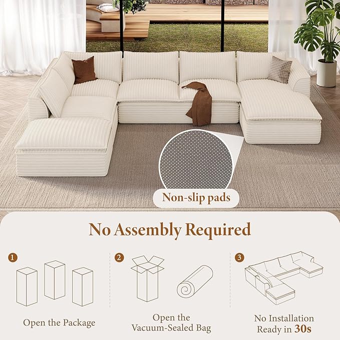 Vesgantti 141.7" Oversized Sectional Boneless Couch, Modern 7 Seater Modular Sofa with Chaise & Ottoman, Deep Seat Plush Corduroy Cloud Couches for Living Room, No Assembly Required, Beige