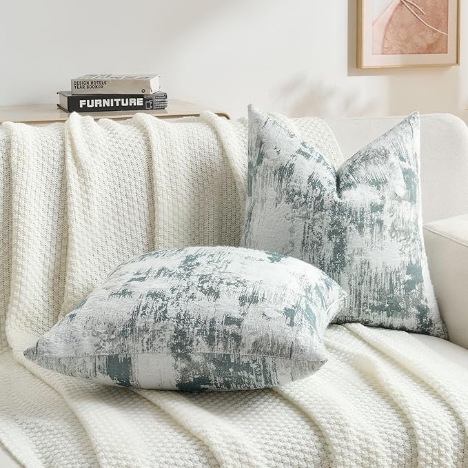 FUTEI Teal White Decorative Throw Pillow Covers 26x26 Inch Set of 2,Soft Faux Cashmere Jacquard - Textured & Cozy Euro Pillow Shams,Modern Home Decor for Couch Bed Living Room
