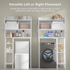 MU Over The Toilet Storage Cabinet with Sliding Door, 32.5" W Free Standing Toilet Shelf Space Saver with 3 Side Hooks & Anti-Tip Design, Space-Saving Toilet Rack for Bathroom, Laundry, White