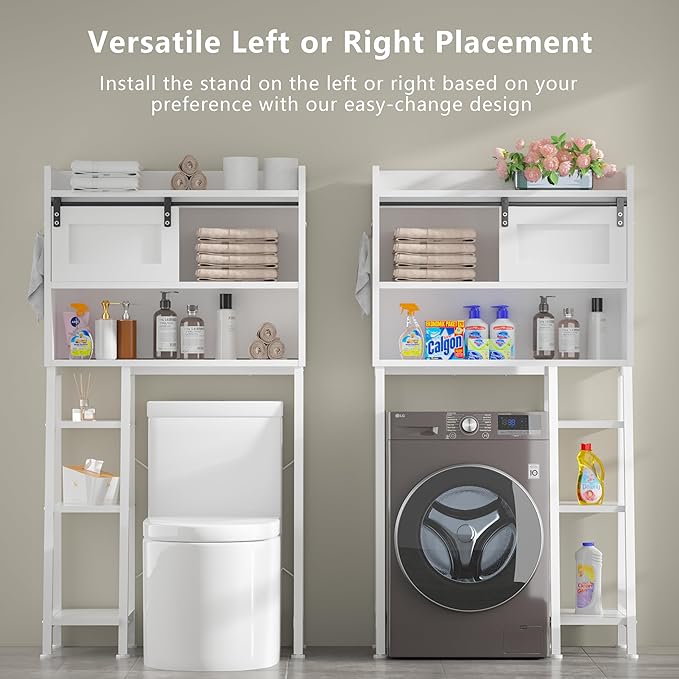 MU Over The Toilet Storage Cabinet with Sliding Door, 32.5" W Free Standing Toilet Shelf Space Saver with 3 Side Hooks & Anti-Tip Design, Space-Saving Toilet Rack for Bathroom, Laundry, White