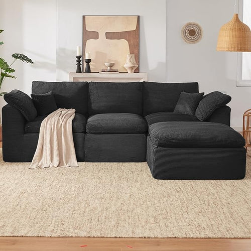 112" Cloud Sectional Couch, Boneless Couches for Living Room, L Shaped Couch with Convertible Ottoman, Modular Sectional Sofa with Deep Seat, Comfy Soft Cushions, No Assembly, Black