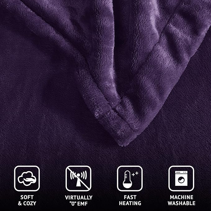 Beautyrest Heated Electric Blanket for Cold Weather, Fast Heating Heated Blanket, Auto Shut Off, Virtually Zero EMF, Multi Heat Setting, UL Certified, Purple King (90 inx100 in)