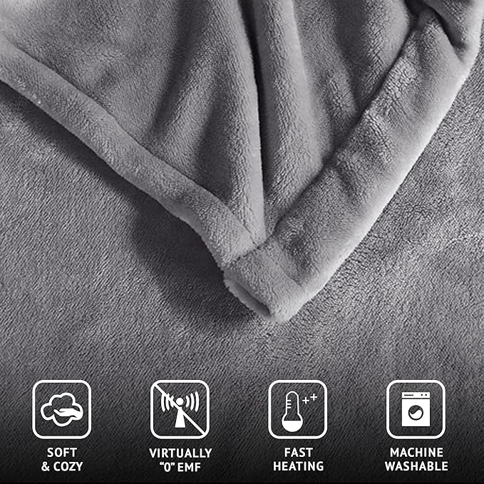 Beautyrest Heated Electric Blanket for Cold Weather, Fast Heating Heated Blanket, Auto Shut Off, Virtually Zero EMF, Multi Heat Setting, UL Certified, Grey Full (84 inx80 in)