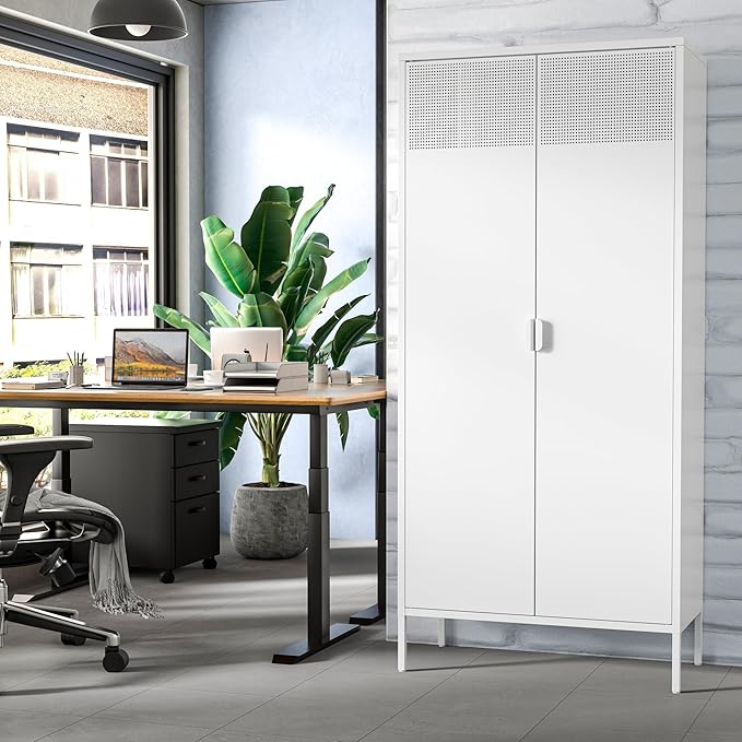 Metal Storage Cabinet with Adjustable Shelves, White, 61''H x 27.56''W 13.78''D, for Kitchen, Laundry Room, Home Office, Kids Room