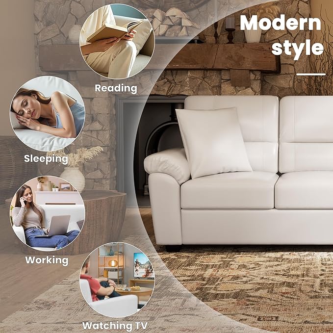 Morden Fort Faux Leather Chair and 3 Seater Sofa Set, Modern Luxury Furniture with Removable and Easy to Clean Cushions, Skin-Friendly Wide Arm for Living Room Apartment Office Lounge, White