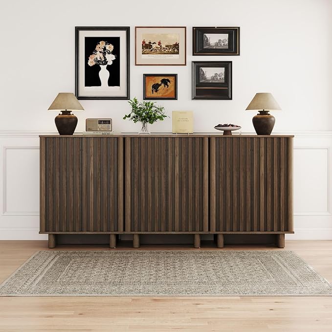Sideboard Buffet Cabinet with Storage, Walnut Freestanding Floor Cabinet Farmhouse Sideboard with 2 Fluted Doors Wooden Hallway Cabinet Media Console Table Credenza for Living Room Dining Room, 2PCS
