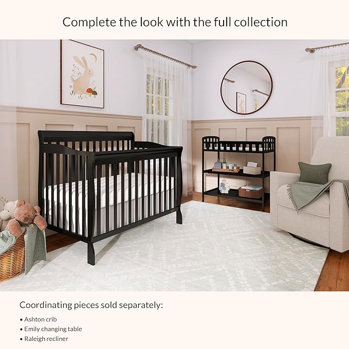 Dream On Me Emily Changing Table In Black, Comes With 1" Changing Pad, Features Two Shelves, Portable Changing Station, Made Of Sustainable New Zealand Pinewood