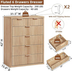 LEYAOYAO Fluted 6 Drawers Dresser for Bedroom Set of 2, 42" Tall Modern Chest of Drawers with Metal Handle, Curved Profile Design,Natural Wood Drawer Organizer for Bedroom, Living Room, Hallway