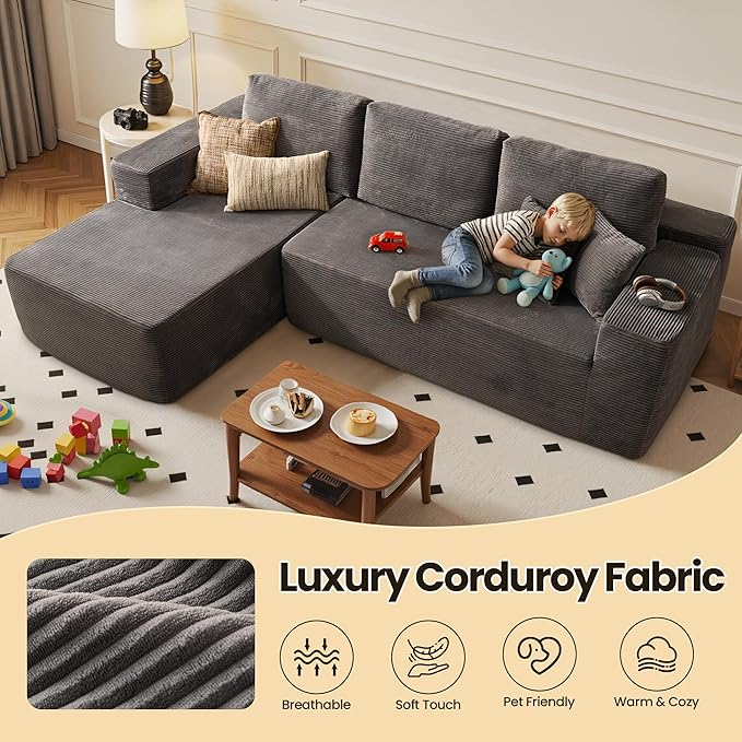 104" Cloud Sectional Couch with Chaise, Boneless L-Shaped Cloud Couch with Deep Seat, Corduroy Modern Minimalist Sofa, Assembly Free Comfy Sofa for Office Living Room Apartment(Grey, Left Chaise)
