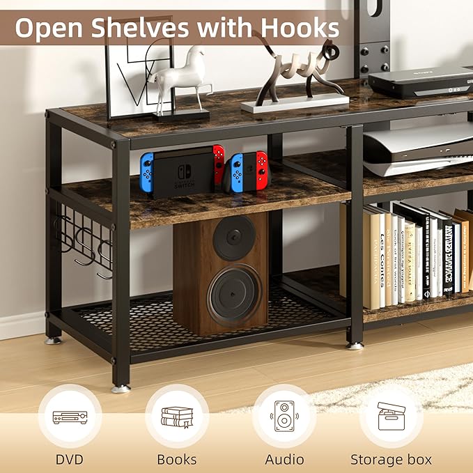 VECELO 71" TV Stand with Mount and Power Outlets, Entertainment Center with Open Storage Shelves, Height Adjustable Mount up to 80”, Wooden Table and Metal Frame for Living Room, Rustic Brown