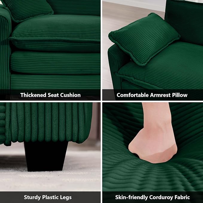 mikibama Luxury 3 Piece Sofa Set, 3-Seater & 2 Single Sofa Set, Modern Corduroy Comfy Cloud Couches Set for Living Room Office with 2 Armrest Pillows and 5 Toss Pillows, Green