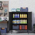 Bathroom Floor Storage Cabinet,40H Small Metal Cabinets for Storage with Doors,2 Door Black Towel Freestanding Cabinet for Small Spaces,Two Door Hallway Short Cabinets,Shallow Low Cupboard