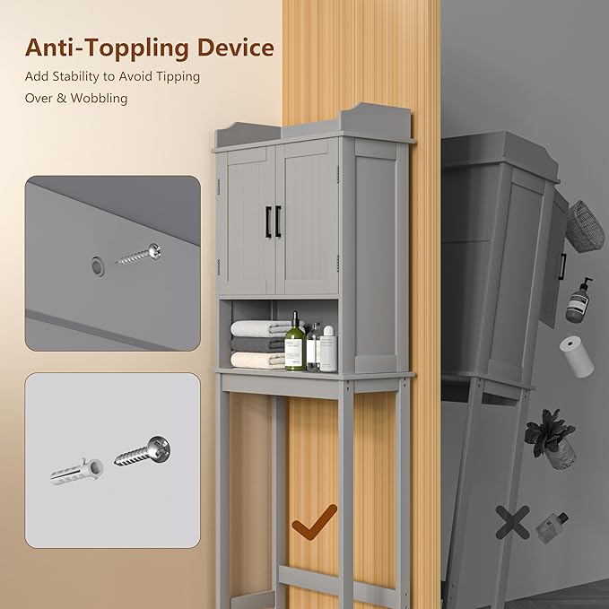Over-The-Toilet Storage Shelf with Doors, Bathroom Freestanding Organizer Space Saver with Adjustable Shelf, Gray